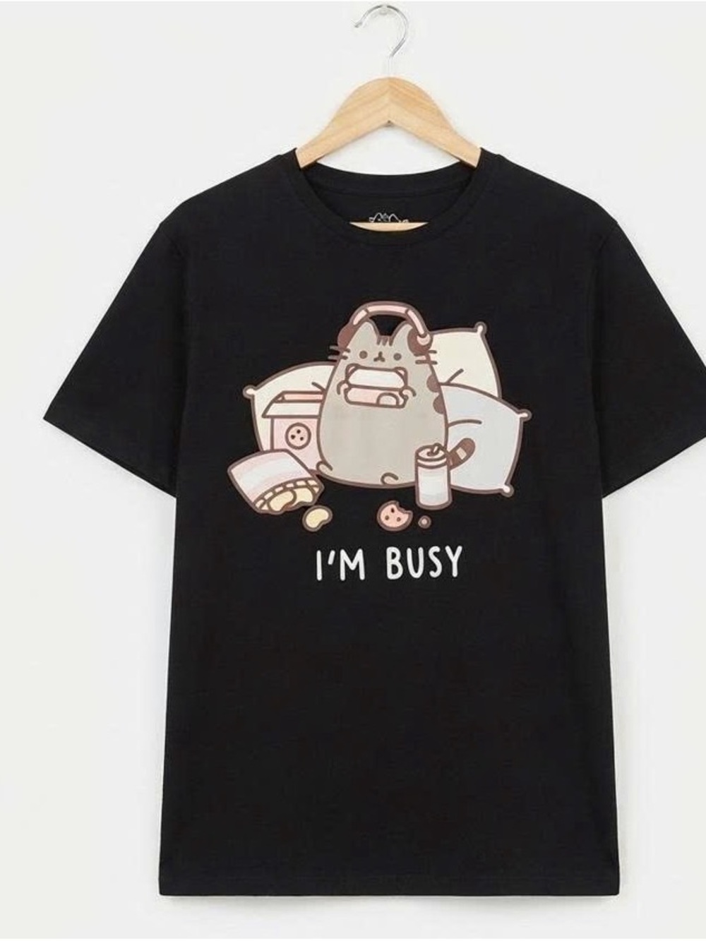 Black Short Sleeve Tee with Beige & Pink Cat Graphic